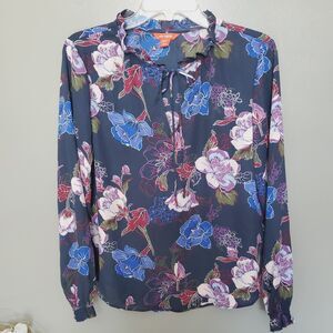 Joe Fresh Blouse Womens Size XS Blue Floral Sheer Tie Neck Sheer Top Pullover